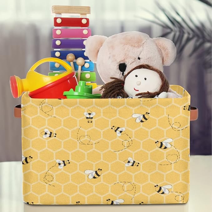 Honeycomb Bee Storage Basket Collapsible Storage Bin Large Fabric Storage Boxes Organizer with Leather Handles for Clothes Toys Books Kitchen Laundry 1Pc