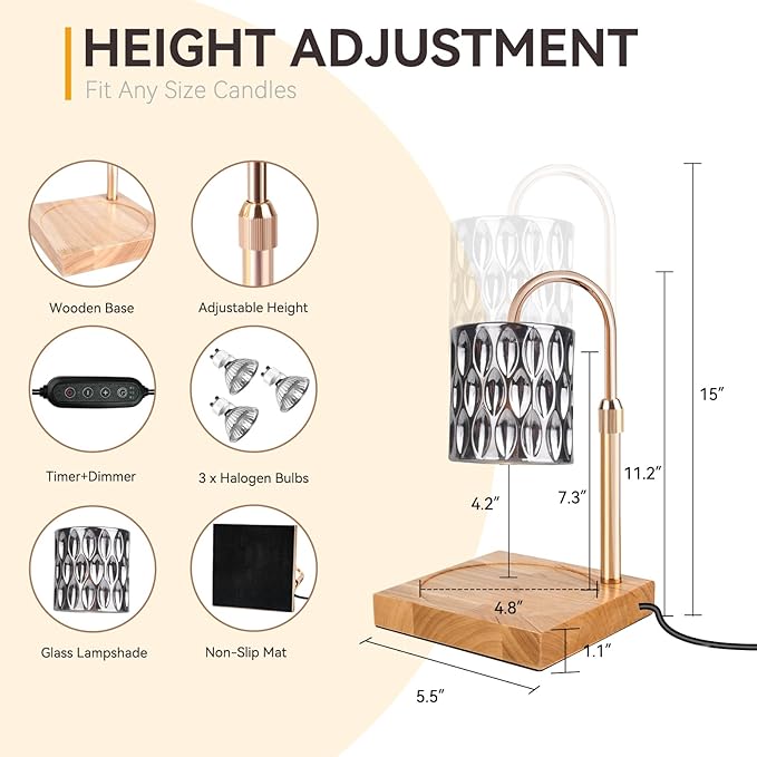 Candle Warmer Lamp with 3 Bulbs, Adjustable Height Dimmable Candle Warmer with Timer, Compatible with Large Jar Candles, Candle Lamp with Charming Gift Box Ribbon for Her/Him