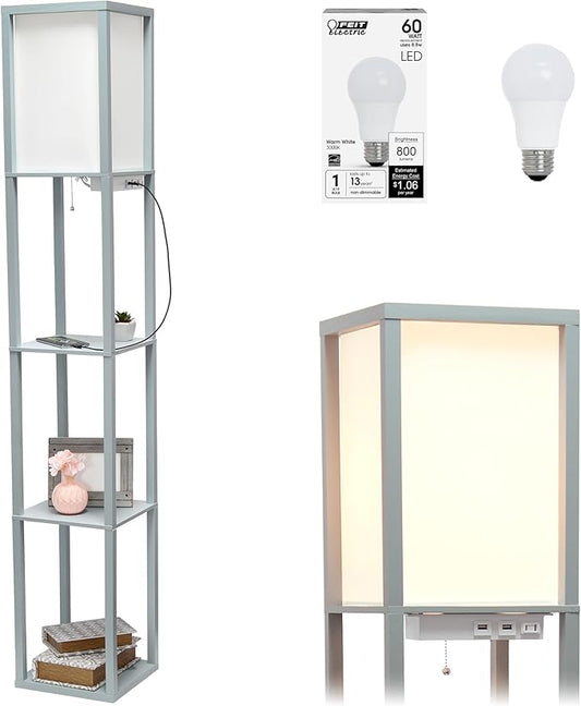 Simple Designs LF1037-GRY-LB Three Shelf Etagere Organizer Storage Floor Lamp with 2 Dual USB Ports and Charging Outlet, Gray, with Feit LED Bulb Included