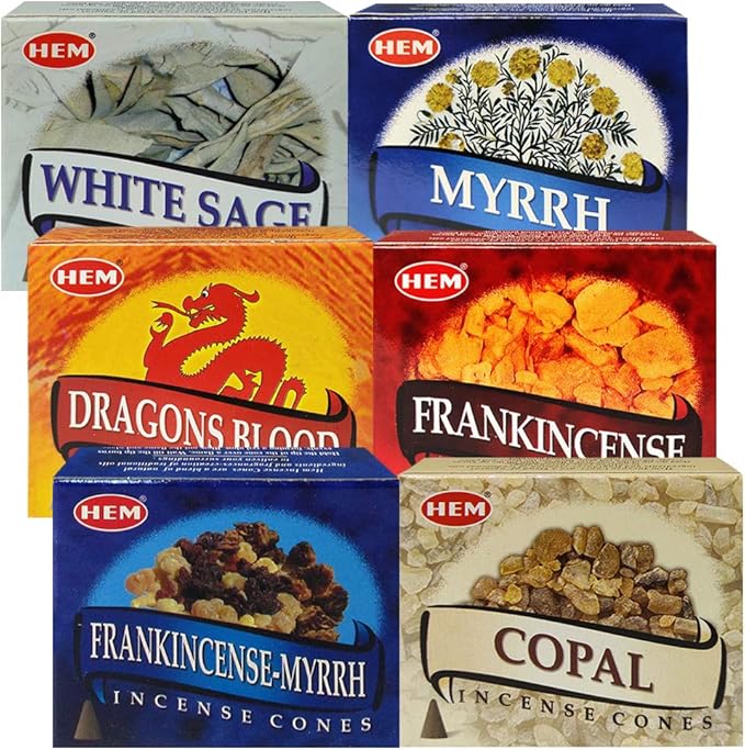 Hem Incense Cones Variety Pack #4 and Inscents-Cones Burner Holder with 6 Most Popular Fragrances - Dragons Blood, Frankincense, Myrrh - Total 60 Scented Cone Incense (6 Scents x 10 Conos)