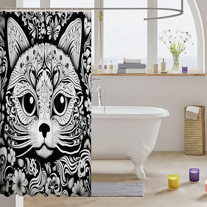 Feelyou Cute Cat Shower Curtain Damask Cat Fabric Shower Curtain for Kids Boys Girls Black White Cat Bathroom Waterproof Accessories with 12 Hooks Cartoon Cat Curtains,72x72 Inches