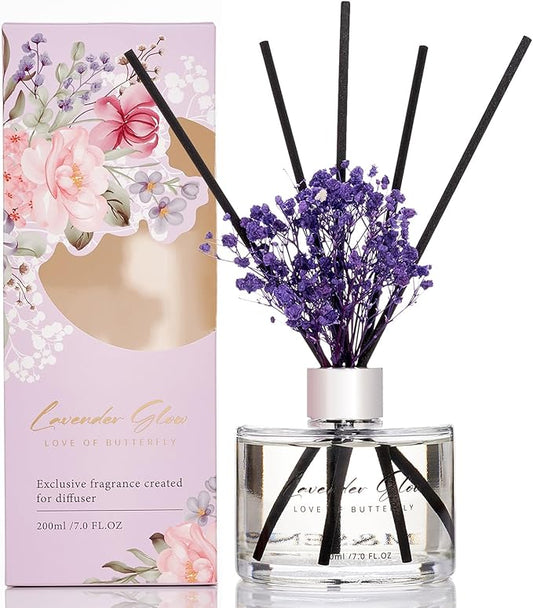 M&SENSE Lavender Glow Reed Diffuser Set with 7 Sticks | Baby's Breath Flower - 7.0oz Lavender Scent, Home Fragrance Diffuser for Bedroom Bathroom Décor, Scented Diffuser Gifts for Women MSRD0206