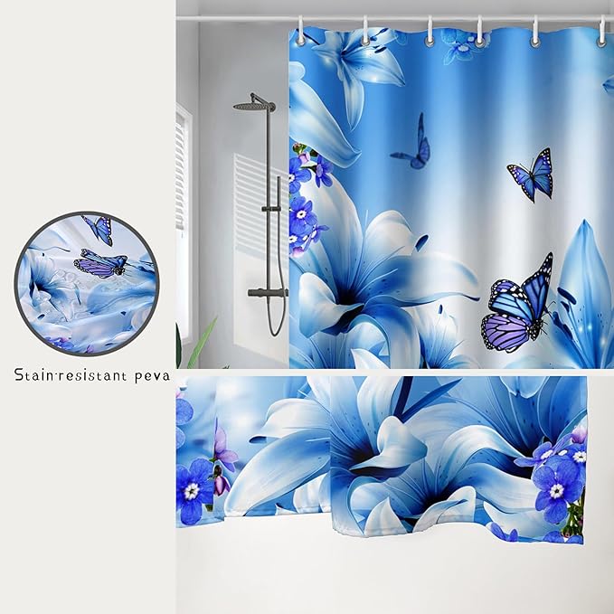 AILONEN Girls Butterfly Shower Curtain for Bathroom,Modern Botanical Floral Tulip Lily Flower Blue Butterfly Decor Bath Curtain 60" W*72" H Polyester Fabric Waterproof Bathroom Curtain with 12 Hooks