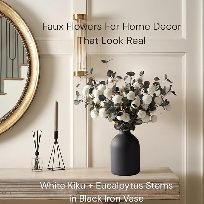 RyddeligHome White Faux Flowers for Vase - Kiku 10 Stems & Eucalyptus, Fake Flowers Stems, Realistic Artificial Flowers, Pom Pom Balls for Aesthetic Room Decor, Floral Arrangements Centerpiece
