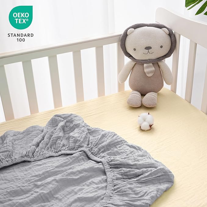 Muslin Crib Sheets for Boys Girls, 2 Pack 100% Cotton Soft Breathable Fitted Baby Sheet Set, 28x52 Inch Fits Standard Crib and Toddler Mattresses, Beige & Grey