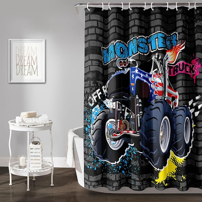 AILONEN Monster Truck Shower Curtain, Black Retro 3D Printed Truck Bath Curtain for Boys,Red Blue Truck Car Bathroom Decor Waterproof Fabric 72" W*84" H Inch with 12 Plastic Hooks