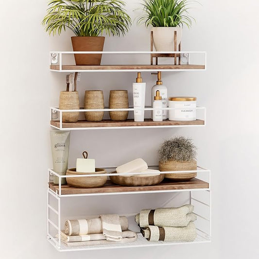 Wall Mounted Bathroom Shelves Over Toilet, Farmhouse Wall Floating Shelf with Guardrail, Bathroom Decor for Bedroom Living Room Kitchen, White (16.2 Inch Set of 3)