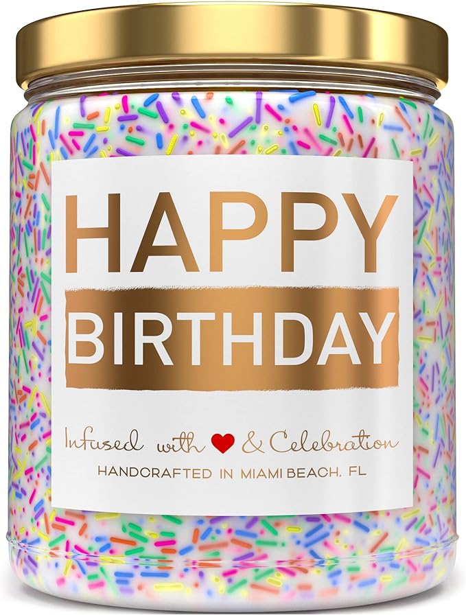 Happy Birthday Candle - Vanilla Birthday Cake Scent with Sprinkles Cute Birthday Gifts for Women Ideas, Made in USA, 9 oz - Cool Unique Bday Gift for Her, Best Friend, Men