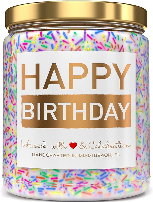 Happy Birthday Candle - Vanilla Birthday Cake Scent with Sprinkles Cute Birthday Gifts for Women Ideas, Made in USA, 9 oz - Cool Unique Bday Gift for Her, Best Friend, Men