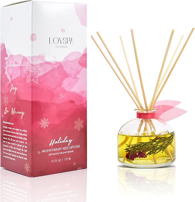 LOVSPA Holiday Spiced Red Currant & Woods Reed Diffuser Set - Red Currants, Pine, Cranberries, Cedar Wood & Juniper - Perfect Seasonal Home Fragrance! Made in The USA