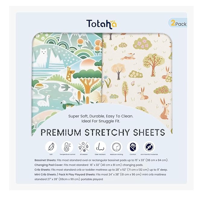 TotAha Premium Soft Bassinet Sheet for Boy Girl, Super Stretchy Jersey Knit Bassinet Fitted Sheet, Compatible with Halo, Maxi COSI, Mika Micky, SNOO, Baby Delight Mattress, 2 Pack