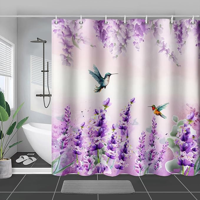 AILONEN Waterproof Floral Shower Curtain for Bathroom,Purple Pink Wisteria Lavender Flowers Shower Curtain,Botanical Floral Decor Bathroom Polyester with Grommets and Hooks 72" W*96" H