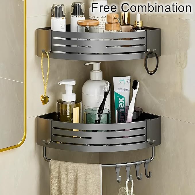 Corner Triangle Shower Shelves with Connecting Rods and 6 Hooks, Drilled or Non-Drilled Rust Resistant Storage Shelf for Bathroom, Kitchen, Wall Mounted Storage Shelf (1 Pack, Gray)