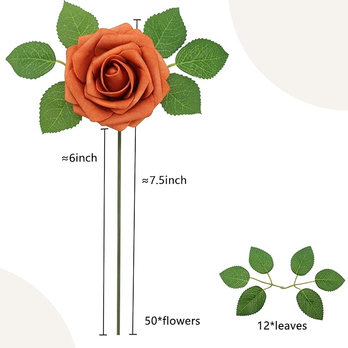 50PCS Artificial Flowers Burnt Orange Roses Real Looking Foam Fake Roses with Leaves and for DIY Wedding Bouquets Bridal Shower Centerpieces Party Decorations (Burnt Orange)