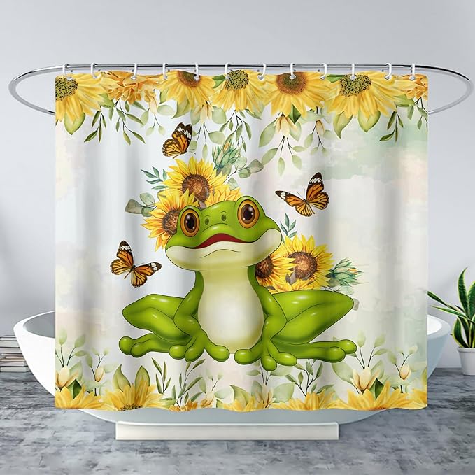 AILONEN Cartoon Frog Shower Curtain Yellow Sunflower Shower Curtain 72" W*96" H,Wildlife Frog Modern Botanical Floral 3D Printed Animal Bathroom Decor Shower Curtain with 12 Hooks