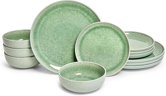 Sango Asher 12-Piece Stoneware Dinnerware Set – Service for 4, Modern Green with Reactive Glaze, Perfect for Everyday Dining & Entertainment, Microwave & Dishwasher Safe