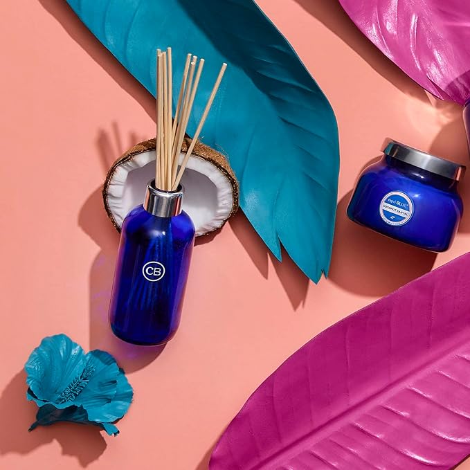 Capri Blue Coconut Santal Reed Diffuser Set - Includes Reed Diffuser Sticks, Fragrance Oil, and Glass Bottle - Luxury Scented Room Fresheners - Cobalt Blue (8 fl oz)