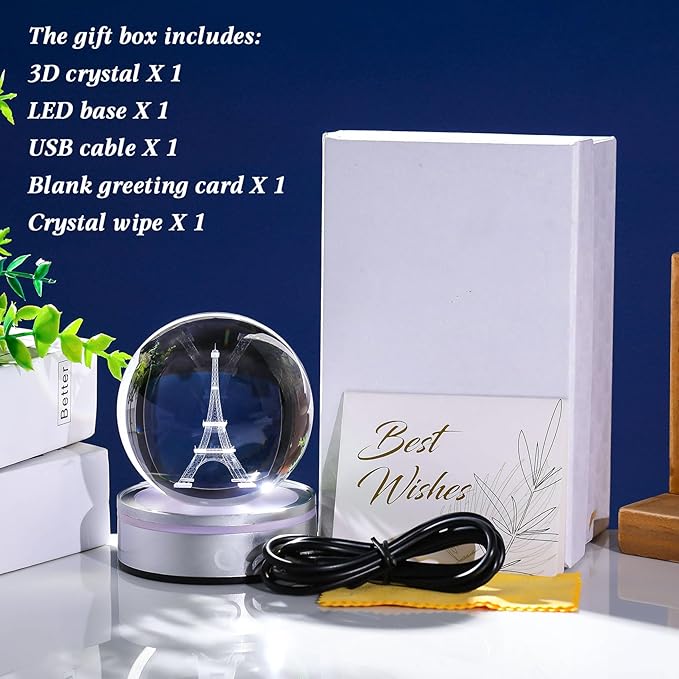 Movdyka 3D Crystal Ball Eiffel Tower Decor Statue Paris Gifts for Women Men, Laser Etched Eiffel Tower Snow Globes with Lamp Base, Paris Themed Bedroom Ornaments Party Decorations France Souvenirs