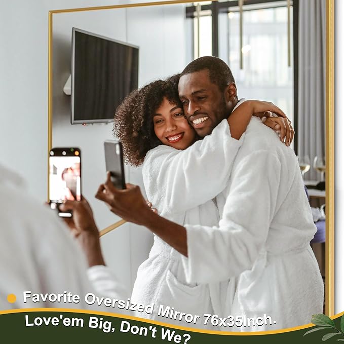 NicBex Oversized Full-Body Mirror, Large Full Length Mirror with Stand, 76"x35" Aluminum Alloy Frame Oversized Floor Mirror, Gold - Free Standing, Leaning Against Wall or Wall-Mounted