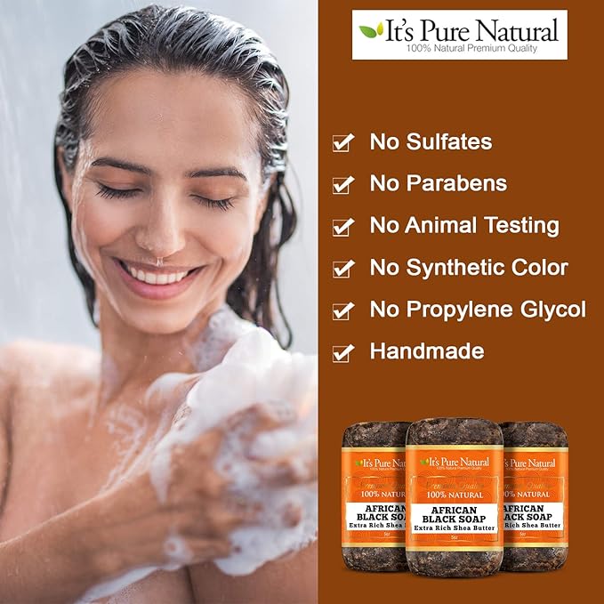 It's Pure Natural African Black Soap Bars with Extra Rich Shea Butter (Pack of 3) Organic Raw Soap for Face & Body, Acne Treatment & Dark Spot Remover [Made in Ghana]