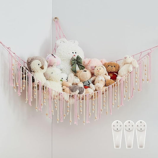 Pretty Jolly Stuffed Animal Storage Hammock with Wooden Beads Corner Hanging Net Boho Tassel for Toy Plush Holder for Kid Room Nursery Decor Wall Display Organizer for Girls Boy Gift(Light Pink)