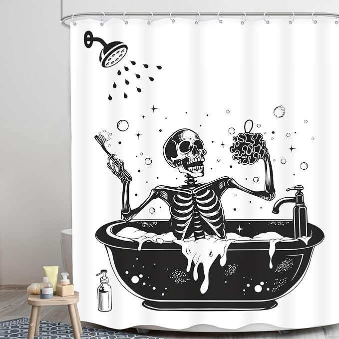 LGhtyro Funny Skull Shower Curtain Bathroom Set 71Wx71H Inches Black White Gothic Skeleton Bone Bathing in Bathtub Bubbles Spooky Cool Bath Accessories for Men Boys Art Home Decor Fabric 12 Pack Hooks