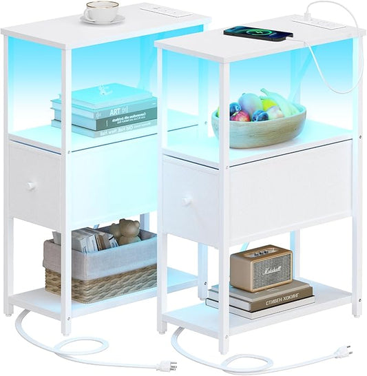 TUTOTAK Small Narrow LED End Table with Charging Station, Side Table Outlets, Nightstand with Cloth Drawer, Set of 2, Couch Table, for Living Room, Bedroom, Bedside, White TB01BW059
