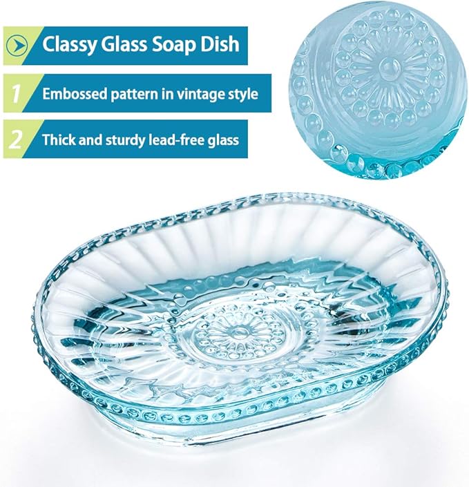 MDLUU Glass Soap Dish, Embossed Bar Soap Holder, Decorative Soap Saver Tray, Vintage Bar Soap Dish for Shower, Bathtub, Bathroom Sink, Kitchen Sink, Pack of 2 (Blue)
