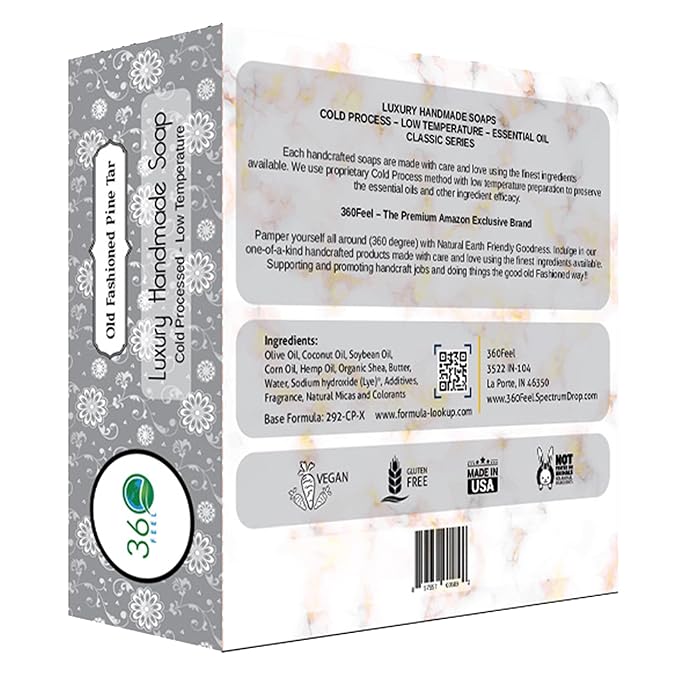 360Feel Pine Tar Soap - Handcrafted Castile Soap Bar with Soothing Scent - Handmade with Essential Oil - Suitable Gift for Anniversaries, Weddings, and Holiday Stockings - Rich Lather