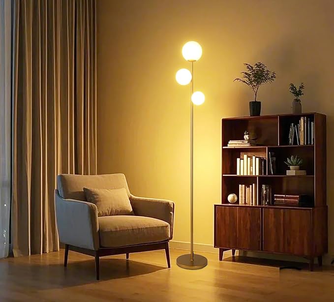 Fiqevs Floor Lamp, 3 Globe Mid Century Floor Lamps for Living Room with Sphere Frosted Glass Shade and 3 2700K LED Bulbs, Vintage Modern Gold Standing Lamp for Bedrooms, Office - Antique Brass