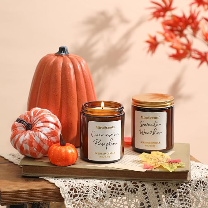 Fall Scented Candle Set, 2 Pack Fall Pumpkin Candles, Autumn Soy Candle Set, Fall Candle Gifts, Autumn Candle for Home Scented, Fall Scents of Cinnamon Pumpkin, Sweater Weather