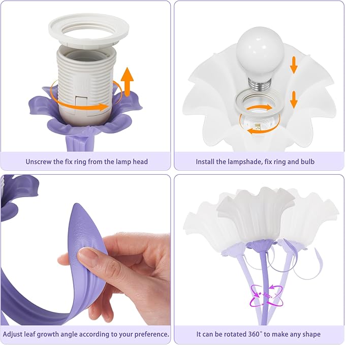 Vintage Flower Bedside Desk Lamp, 3 Color Modes with E26 Bulb, Small LED Unique Gooseneck Cute Table Lamp for Living Room, Modern Night Light for Kids Bedroom Decor, Girls Reading, Office, Purple