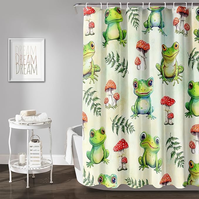 AILONEN Cute Frog Shower Curtain for Bathroom, Mushroom and Frog Bath Curtain,Amphibians Fungus Printed Waterproof Curtain with 12 Plastic Hooks,Green 72" W*72" H