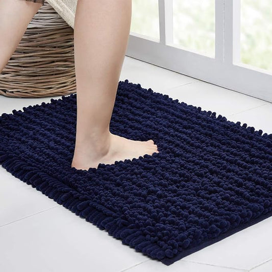 Walensee Bathroom Rug Non Slip Bath Mat (32x20 Inch Navy) Water Absorbent Super Soft Shaggy Chenille Machine Washable Dry Extra Thick Perfect Absorbant Best Large Plush Carpet for Shower Floor