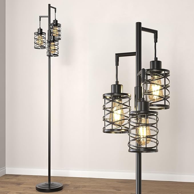 Oneach 68" Industrial Standing Floor Lamp, Stepless Dim Light with 3 Bulbs, Farmhouse & Corner Design, Tall Lamp for Home and Office, Black