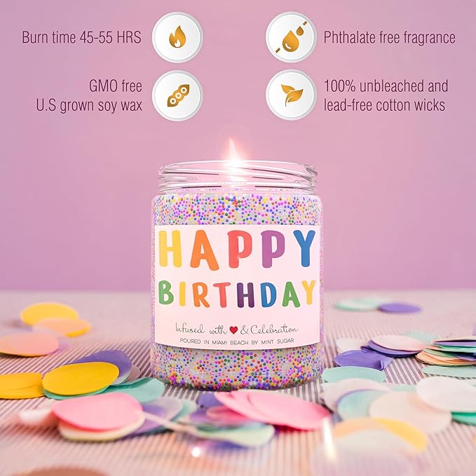 Happy Birthday Candle - Men Birthday Gift Ideas - Birthday Candles for Women - Made in USA - 9oz - Candle Birthday Gift for Women - Vanilla Birthday Cake Scent by Mint Sugar Candle Co