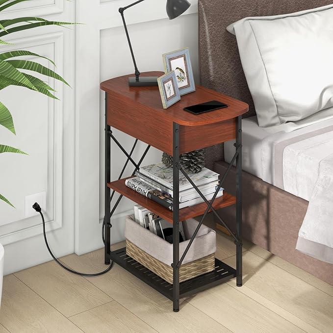 Narrow Side Table with Charging Station, End Table with 3 USB Ports and 2 AC Outlets, Flip Top End Table with Storage, End Tables Living Room, Nightstand with Drawer for Bedroom, Cherry