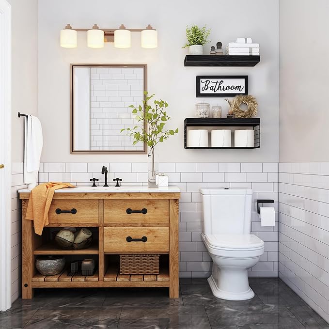QEEIG ‎Bathroom Shelves Over Toilet - Paper Storage Wall Mounted Farmhouse Decor Decorations Aesthetic Décor Sign Small Floating Shelf 2+1 Set 16 inch, Black (020B)