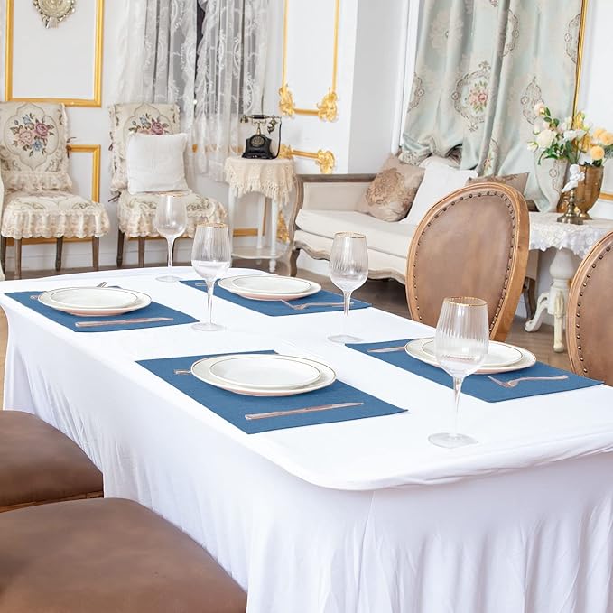 Linen Placemats Set of 8, Machine Washable, Heat Resistant, Wrinkle Free, Thick Polyester Kitchen Place Mats for Dining Table (Navy Blue)