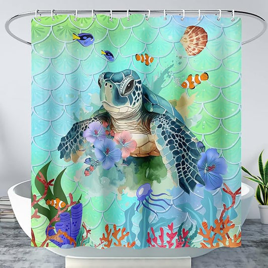 AILONEN Cartoon Sea Turtle Shower Curtain,Kawaii Sea Animal Bathroom Curtains for Kids,Girls,Watercolor Green Ocean Theme Shower Curtains Set with Hooks for Bathroom,48" W*72" H