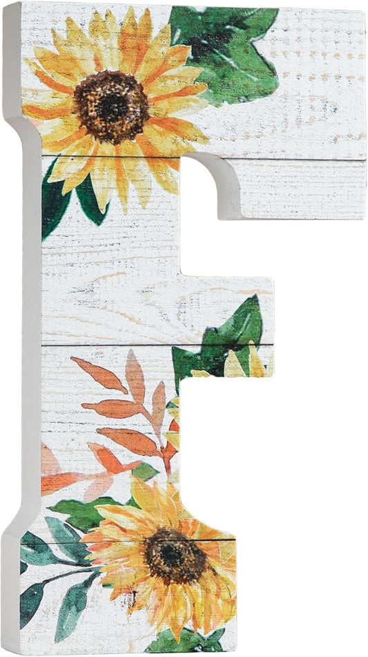 COLLECTIVE HOME - 10" Wood Lettes for Wall Decor, Sunflower Tabletop Alphabet Decoration, DIY Farmhouse Decor, Rustic Freestanding Monogram Block (F)