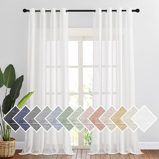 NICETOWN Linen Textured White Sheer Curtains for Living Room, Privacy Chic Sheer Curtains Window Treatment Semi Privacy Drapes for Farmhouse/Cottage, W52 x L120, 1 Pair