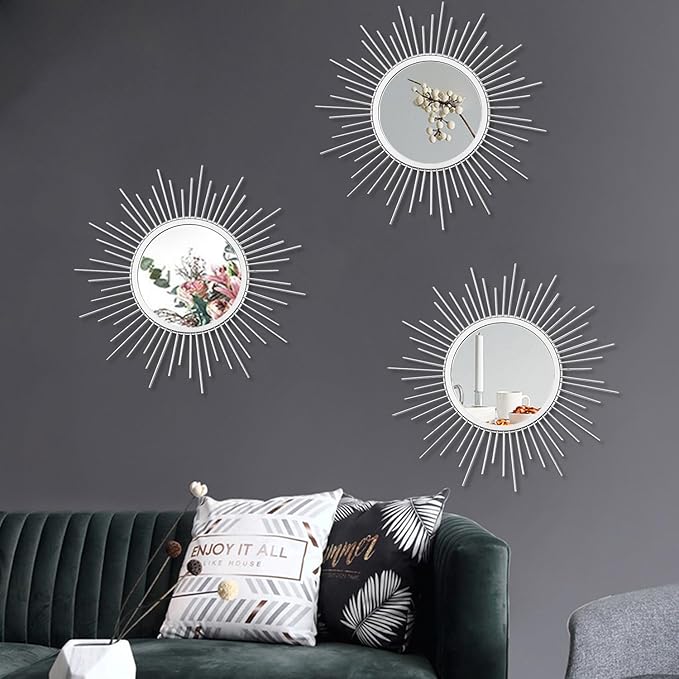 3 Pack Metal Mirrors for Wall Sunburst Wall Mirrors Home Décor Decorative Hanging Wall Art for Living Room Bedroom Entryway (Silver, Sunburst)