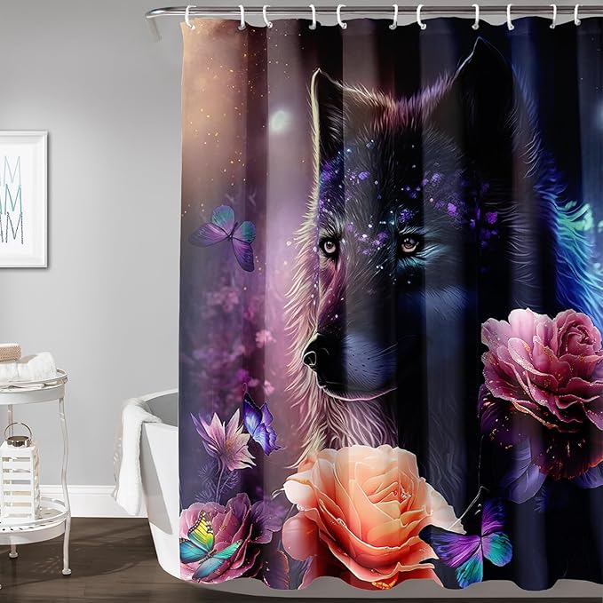 AILONEN Wolf Shower Curtain,Butterfly Flower Wolf Bath Curtain for Kids Boys Girls,Polyester Waterproof for Bathroom with Plastic Hooks 36" W*72" H