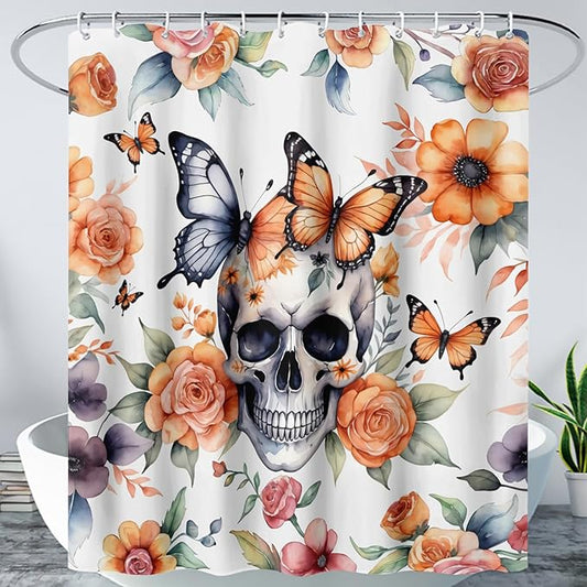 AILONEN 3D Sugar Skull Shower Curtain,Sunflower with Skeleton Design Shower Curtain Set with Hooks for Boys Girls,Butterfly Gothic Skull Waterproof Fabric Shower Curtain for Bathroom,36" W*72" H