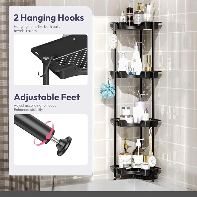 SWTYMIKI Corner Shower Caddy Standing - 4 Tier Floor Standing Shower Organizer with 4 Hooks, Plastic & Stainless Steel Waterproof Corner Stand Shower Shelf Storage Rack for Bathroom, Bathtub, Black