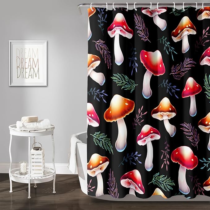 AILONEN Cartoon Mushroom Shower Curtain,Cute Red Mushroom Waterproof Fabric Bath Curtain for Kids Girls Boys,Natural Fungal Plants Shower Curtain Set for Bathroom 36" W*72" H