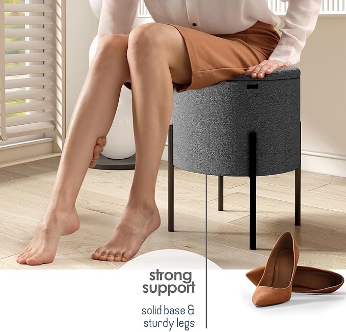 StorageBud Round Ottoman with Storage, Boucle Storage Ottoman, Foot Stool Ottoman, Makeup Vanity Stool, Small Ottoman Foot Rest, Modern Ottomans for Living Room and Bedroom, Grey