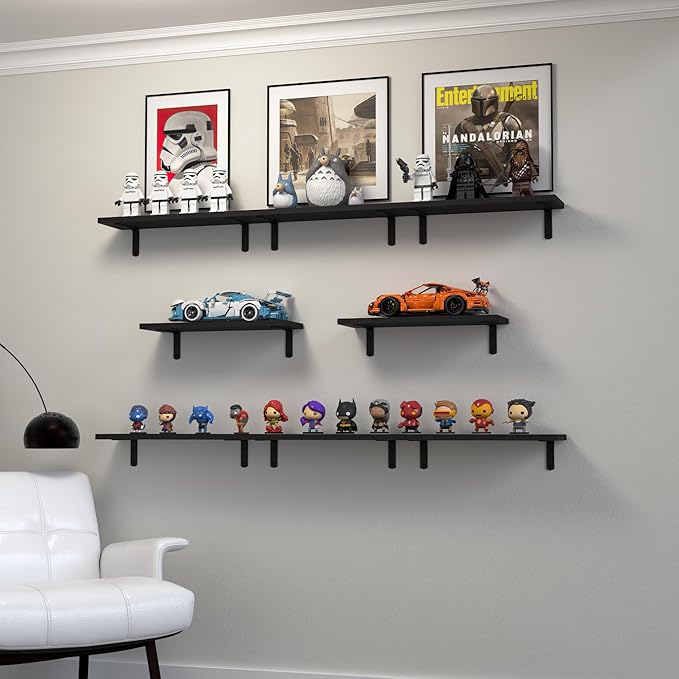Floating Shelves, 8 Sets Wall Shelves, Wooden Floating Shelves for Bedroom Wall Décor, Wall Mounted Floating Bathroom Shelf for Storage, Floating Book Shelf Living Room – Black