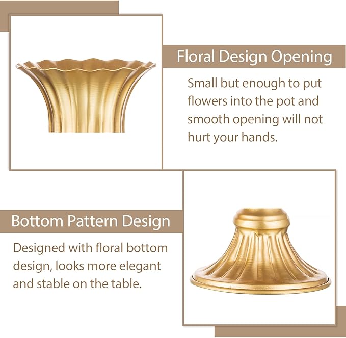 Sziqiqi Metal Flower Arrangements Pot for Wedding Table Centerpiece - Gold Planter Vase Pot for Artificial Real Flower Small Trumpet Plant Urn 6.3in